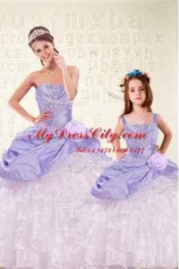 Artistic Sleeveless Organza and Taffeta Floor Length Lace Up 15th Birthday Dress in Lavender with Beading and Ruffled Layers and Hand Made Flower