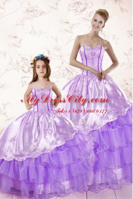 Lavender Lace Up Quinceanera Dresses Embroidery and Ruffled Layers Sleeveless Floor Length