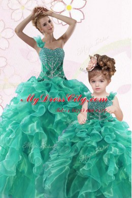 New Arrival One Shoulder Turquoise Ball Gowns Beading and Ruffles Quinceanera Dress Lace Up Organza Sleeveless Floor Length