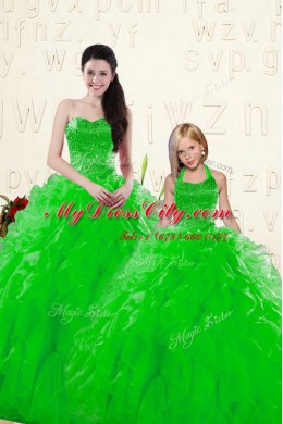 Glittering Sleeveless Floor Length Beading and Ruffles Lace Up Sweet 16 Quinceanera Dress with Green