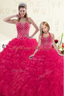 Shining Hot Pink Organza Lace Up Quinceanera Dresses Sleeveless Floor Length Beading and Ruffles