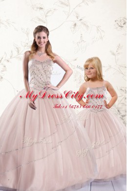 Floor Length Lace Up Quinceanera Gowns Baby Pink for Military Ball and Sweet 16 and Quinceanera with Beading