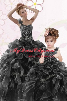 One Shoulder Sleeveless Organza Floor Length Lace Up Quinceanera Gowns in Black with Beading and Ruffles
