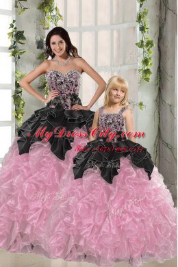 Pink And Black Sleeveless Organza Lace Up Quince Ball Gowns for Military Ball and Sweet 16 and Quinceanera
