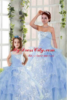 Fantastic Ruffled Strapless Sleeveless Lace Up 15th Birthday Dress Blue Organza