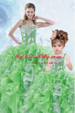 Organza Sweetheart Sleeveless Lace Up Beading and Ruffles and Sequins Sweet 16 Dresses in Green