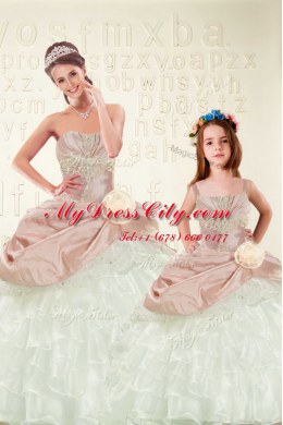 Beauteous Ruffled Sweetheart Sleeveless Lace Up Sweet 16 Dress Pink And White Organza and Taffeta