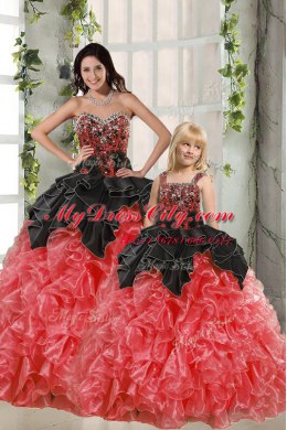 Red And Black Organza Lace Up 15th Birthday Dress Sleeveless Floor Length Beading and Ruffles