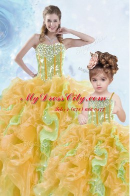 Sleeveless Organza Floor Length Lace Up Quinceanera Dresses in Multi-color with Beading and Ruffles and Sequins