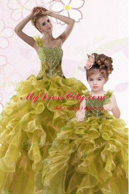 Sweetheart Sleeveless Quinceanera Dress Floor Length Beading and Ruffles Olive Green Organza