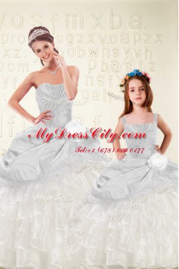 Popular Organza and Taffeta Sleeveless Floor Length Quince Ball Gowns and Beading and Ruffled Layers and Hand Made Flower