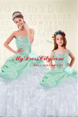 Apple Green Sleeveless Floor Length Beading and Ruffles and Hand Made Flower Lace Up 15 Quinceanera Dress