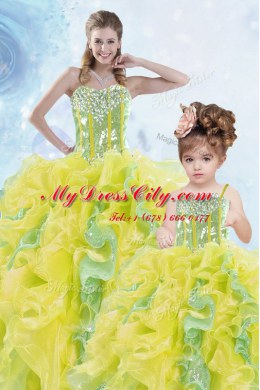 Sweetheart Sleeveless Organza Sweet 16 Dresses Beading and Ruffles and Sequins Lace Up