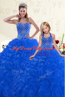 Blue Lace Up Sweetheart Beading and Ruffles Quinceanera Gown Organza Sleeveless