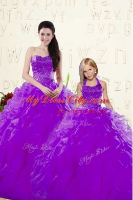 Noble Sleeveless Organza Floor Length Lace Up Vestidos de Quinceanera in Eggplant Purple with Beading and Ruffles