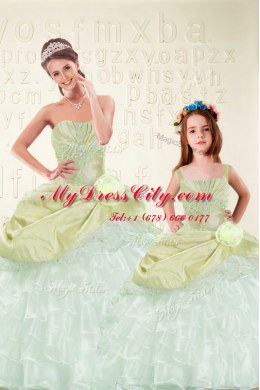 Fabulous Yellow Green Sleeveless Beading and Ruffled Layers and Hand Made Flower Floor Length Ball Gown Prom Dress