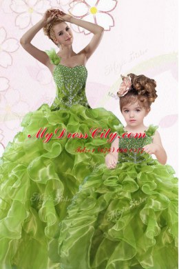 One Shoulder Sleeveless Sweet 16 Dresses Floor Length Beading and Ruffles Green Organza