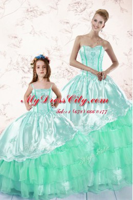 Lovely Apple Green Lace Up Sweetheart Embroidery and Ruffled Layers 15th Birthday Dress Organza Long Sleeves