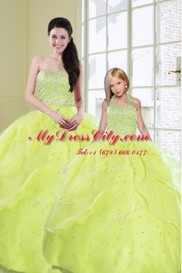 Sweetheart Sleeveless Sweet 16 Dress Floor Length Beading and Sequins Yellow Green Organza