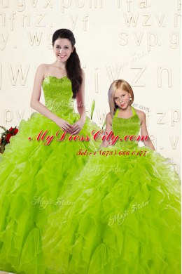 Floor Length Yellow Green Quince Ball Gowns Organza Sleeveless Beading and Ruffles