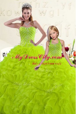 Floor Length Yellow Green Quinceanera Gowns Organza Sleeveless Beading and Ruffles