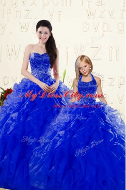 Clearance Royal Blue Lace Up Quinceanera Dress Beading and Ruffles Sleeveless Floor Length
