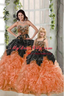 Spectacular Floor Length Lace Up Sweet 16 Dresses Orange Red for Military Ball and Sweet 16 and Quinceanera with Beading and Ruffles