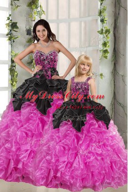 Excellent Pink And Black Organza Lace Up Sweetheart Sleeveless Floor Length 15th Birthday Dress Beading and Ruffles