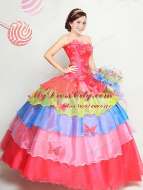 Organza Strapless Sleeveless Lace Up Appliques and Ruffled Layers Quinceanera Dress in Multi-color