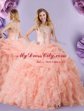 Stunning Straps Pick Ups Peach Sleeveless Organza Zipper Quinceanera Dresses for Military Ball and Sweet 16 and Quinceanera