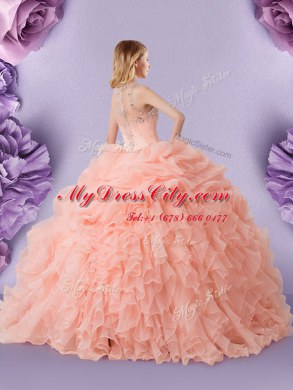 Stunning Straps Pick Ups Peach Sleeveless Organza Zipper Quinceanera Dresses for Military Ball and Sweet 16 and Quinceanera