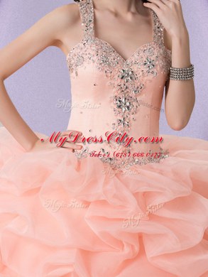 Stunning Straps Pick Ups Peach Sleeveless Organza Zipper Quinceanera Dresses for Military Ball and Sweet 16 and Quinceanera