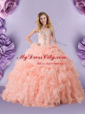 Stunning Straps Pick Ups Peach Sleeveless Organza Zipper Quinceanera Dresses for Military Ball and Sweet 16 and Quinceanera