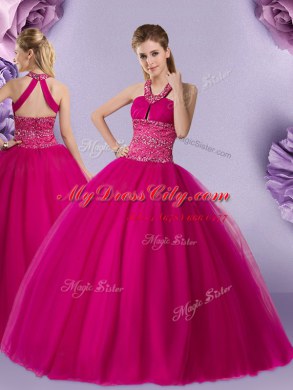 Fuchsia Sweet 16 Quinceanera Dress Military Ball and Sweet 16 and Quinceanera and For with Beading Halter Top Sleeveless Lace Up