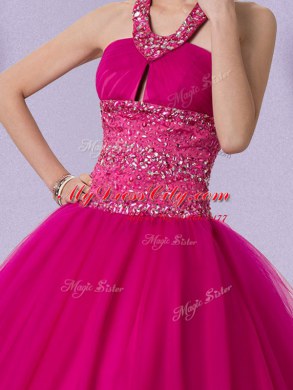 Fuchsia Sweet 16 Quinceanera Dress Military Ball and Sweet 16 and Quinceanera and For with Beading Halter Top Sleeveless Lace Up