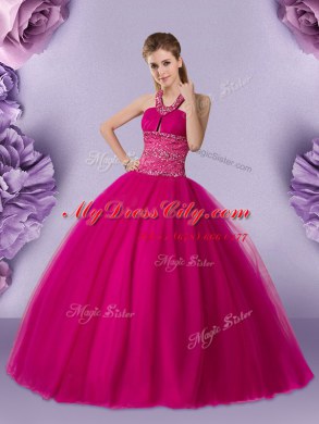 Fuchsia Sweet 16 Quinceanera Dress Military Ball and Sweet 16 and Quinceanera and For with Beading Halter Top Sleeveless Lace Up