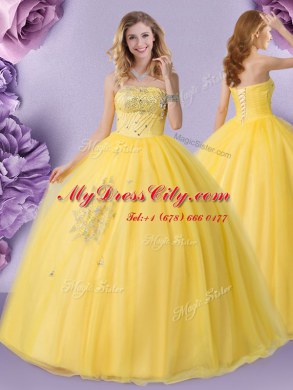 Gold Ball Gowns Tulle Strapless Sleeveless Beading Floor Length Lace Up Quinceanera Gown