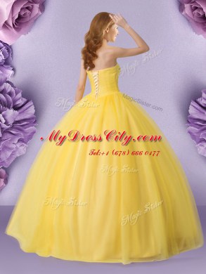 Gold Ball Gowns Tulle Strapless Sleeveless Beading Floor Length Lace Up Quinceanera Gown