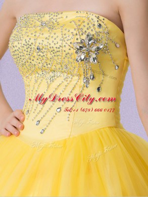 Gold Ball Gowns Tulle Strapless Sleeveless Beading Floor Length Lace Up Quinceanera Gown