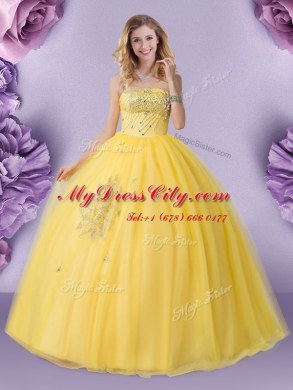Gold Ball Gowns Tulle Strapless Sleeveless Beading Floor Length Lace Up Quinceanera Gown