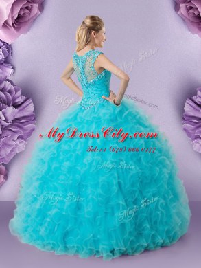 Custom Made Baby Blue Zipper Straps Beading and Ruffles 15th Birthday Dress Tulle Sleeveless