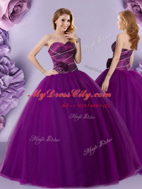 Amazing Sleeveless Floor Length Hand Made Flower Zipper Sweet 16 Dress with Dark Purple