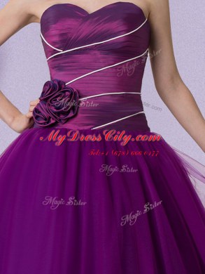 Amazing Sleeveless Floor Length Hand Made Flower Zipper Sweet 16 Dress with Dark Purple