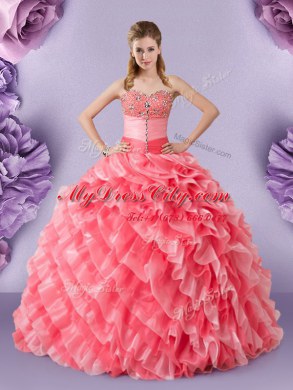 Sweetheart Sleeveless Lace Up Quinceanera Dresses Watermelon Red Organza
