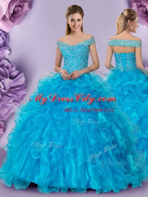 Off The Shoulder Sleeveless Lace Up Quinceanera Dress Baby Blue Organza