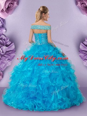 Off The Shoulder Sleeveless Lace Up Quinceanera Dress Baby Blue Organza