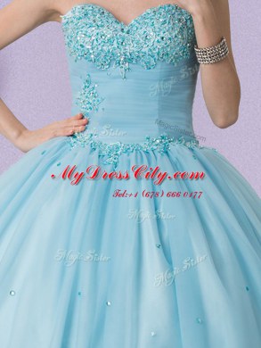 Clearance Sweetheart Sleeveless Lace Up Quince Ball Gowns Light Blue Tulle