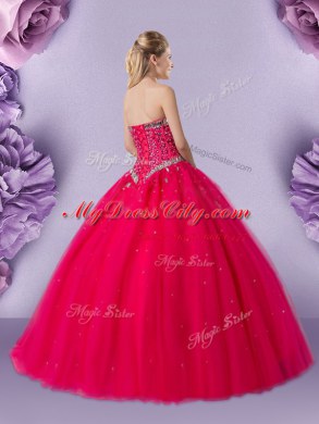 Tulle Sweetheart Sleeveless Lace Up Beading Ball Gown Prom Dress in Coral Red
