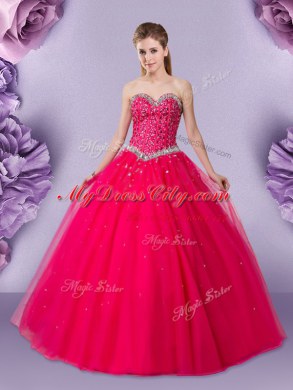 Tulle Sweetheart Sleeveless Lace Up Beading Ball Gown Prom Dress in Coral Red