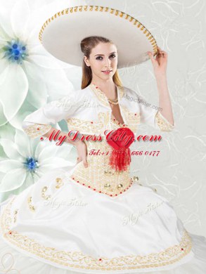 White Lace Up Sweetheart Beading and Embroidery and Ruffles Quinceanera Gowns Organza and Taffeta Sleeveless